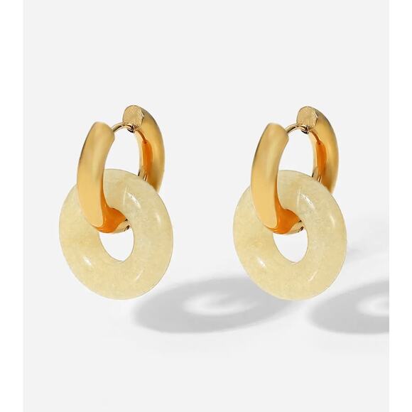 Natural Stone Hoop Earrings 18K Gold Plated Stainless Steel - Picture 1 of 6